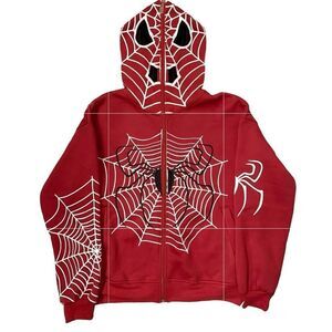 Women’s Full Zip Spider and Spider Web Hoodie Jacket With Mask Red white Black L